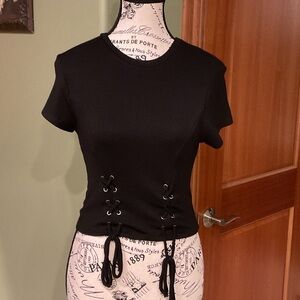 Mixed Threads Black Lace-Up Short Sleeve Crop Top, Size S